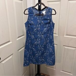Vintage Denim Shift Dress With Floral Embroidered